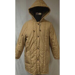 Vtg Out 'N About Womens Large Tan Quilted Zip Snap Hooded Trench Puffer Coat USA
